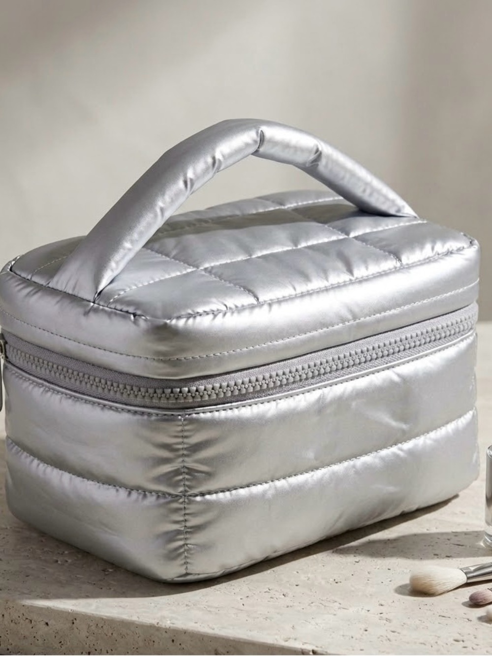 Silver Quilted Travel Cosmetic Case with Top Handle